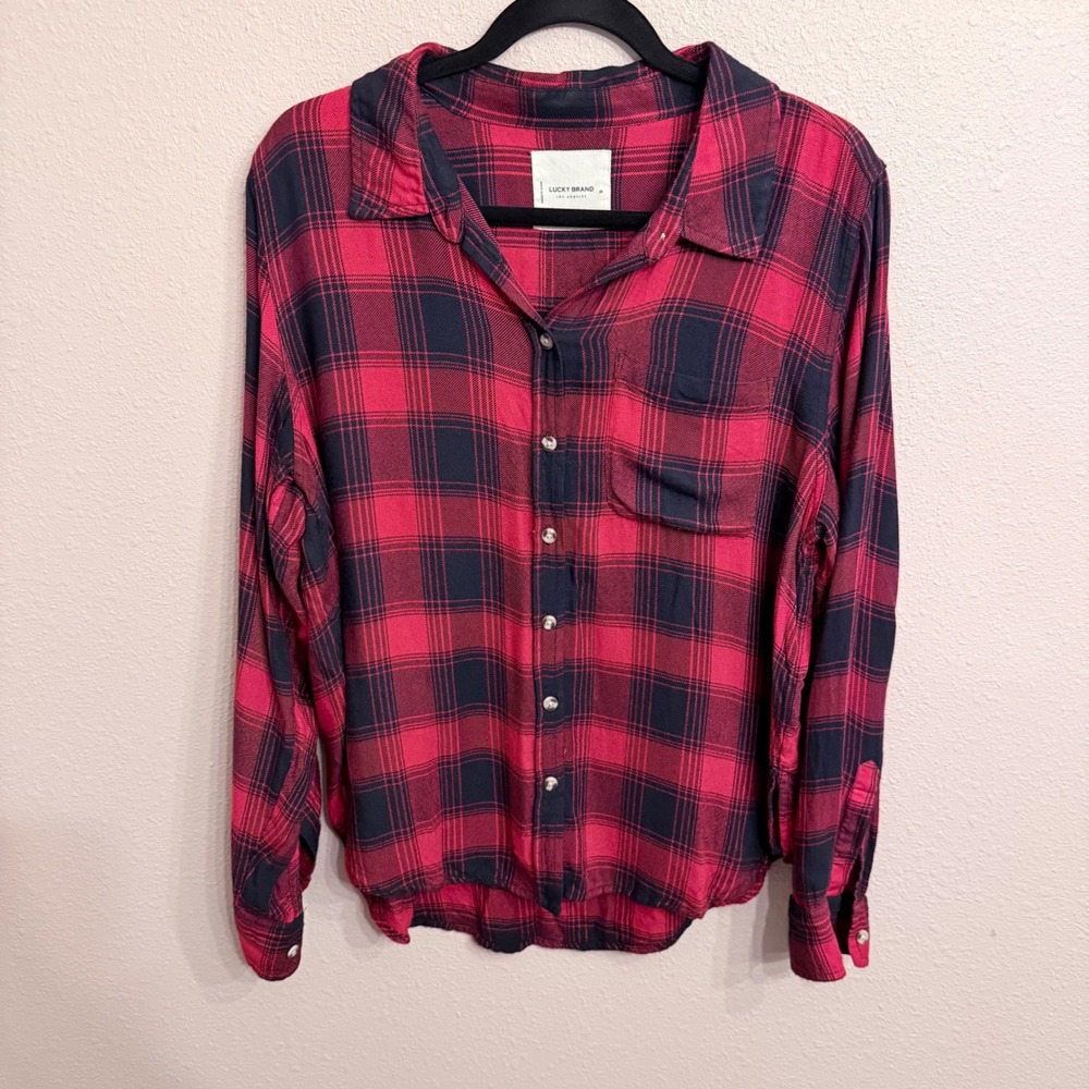 Lucky Brand Red Black Plaid Viscose Button Down Shirt Womens Medium